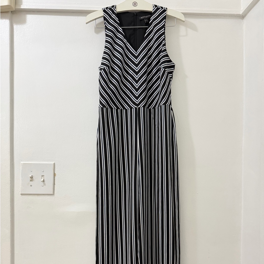 Banana Republic Black and White Striped V-Neck Jumpsuit with Navy Accents